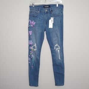 Express Women's Medium Blue Skinny Jeans with Purple Floral Embroidery Size 4
